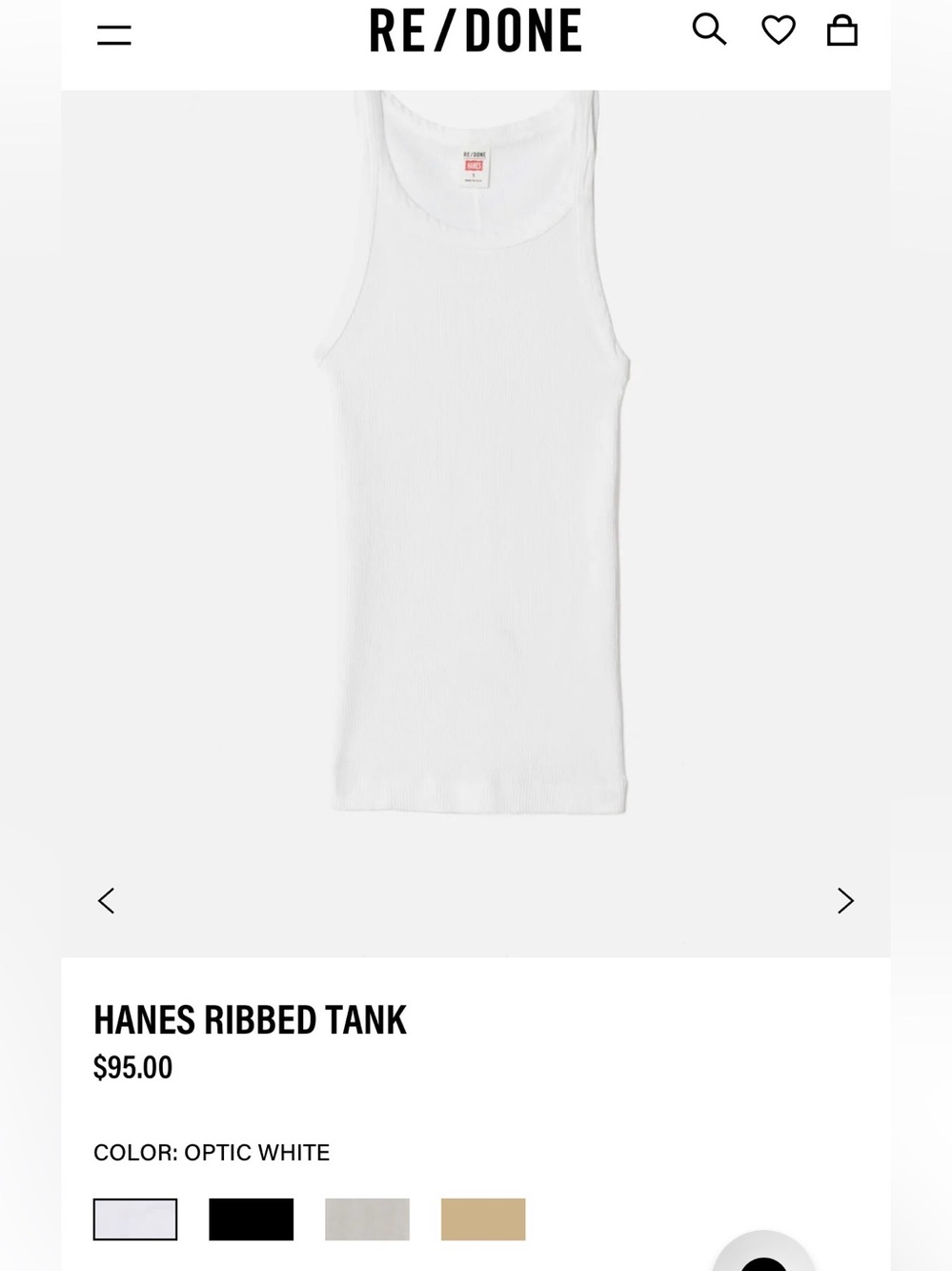 Re/Done Optic White Ribbed Tank Medium
